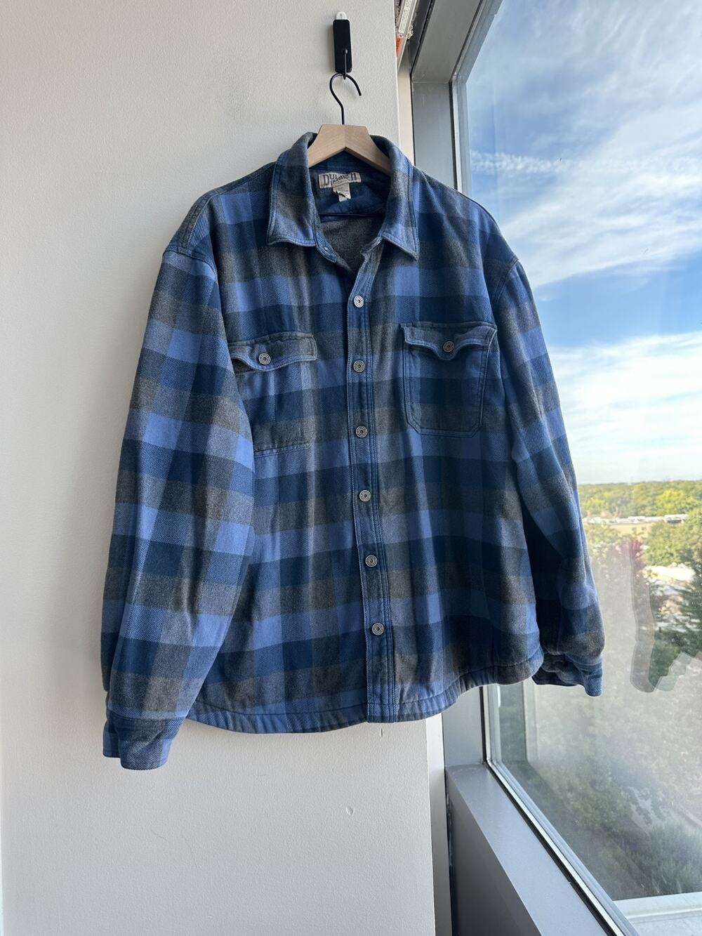 Duluth Trading Co Flannel Shirt Jacket Mens Blue Gray Plaid Lined Snap Sz 2XL